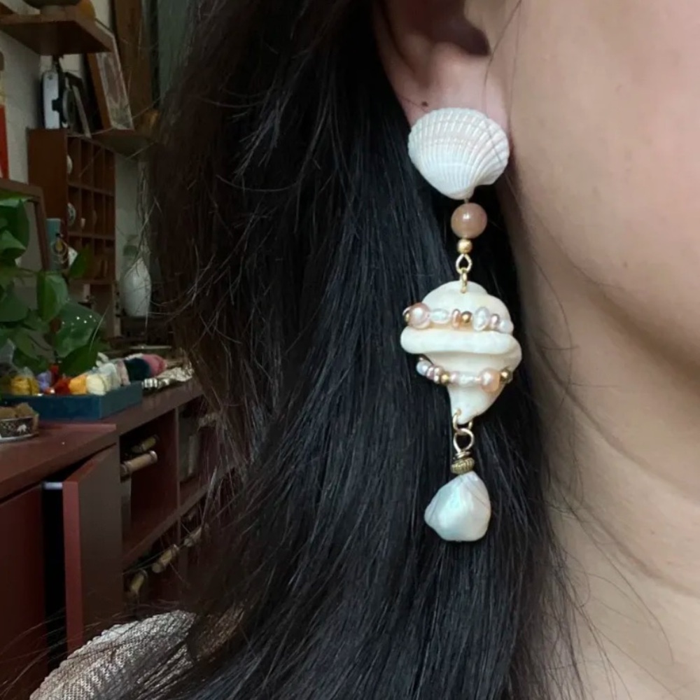 Handmade Seashell & Pearl Statement Earrings โโ One-of-a-Kind Ocean Treasure - Picture 4 of 5